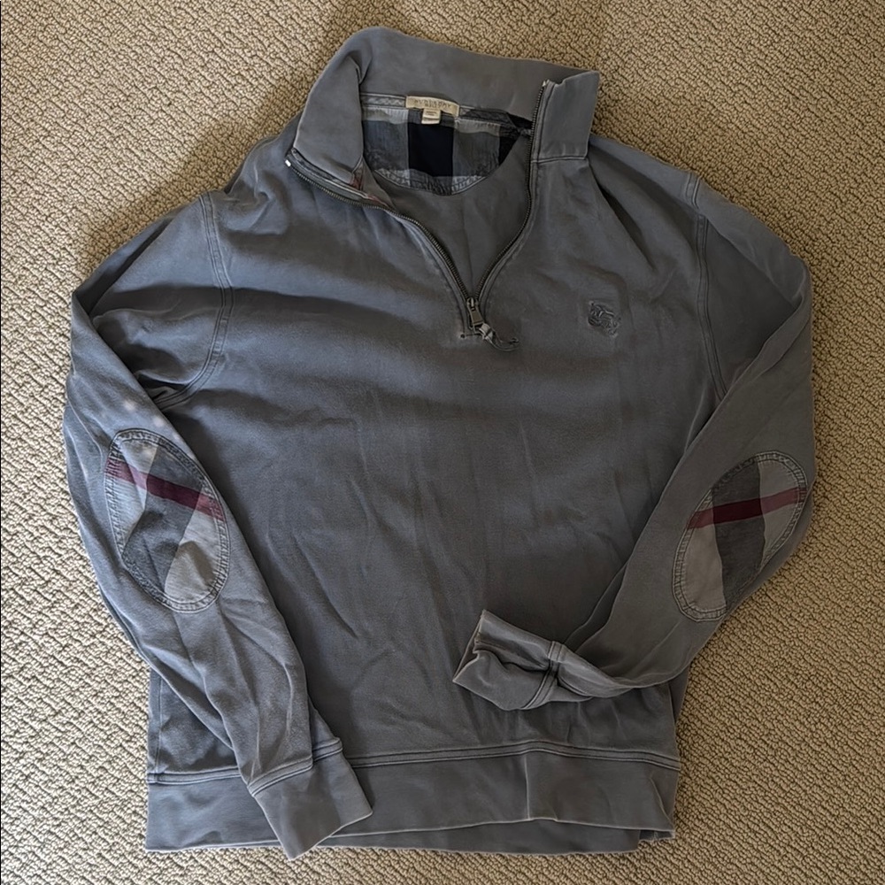 Burberry - Gray Quarter-Zip Pullover with Plaid Elbow Patches